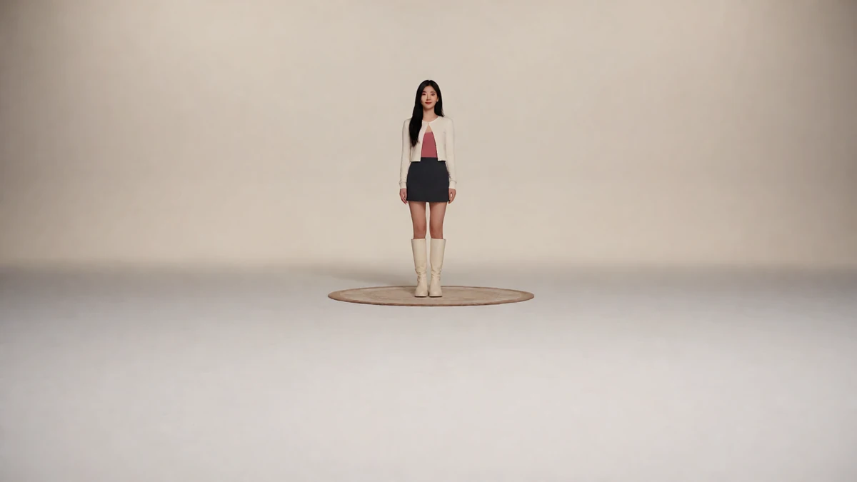 极简舞台造型：成年女子穿红上衣和深色短裙站在米色影棚